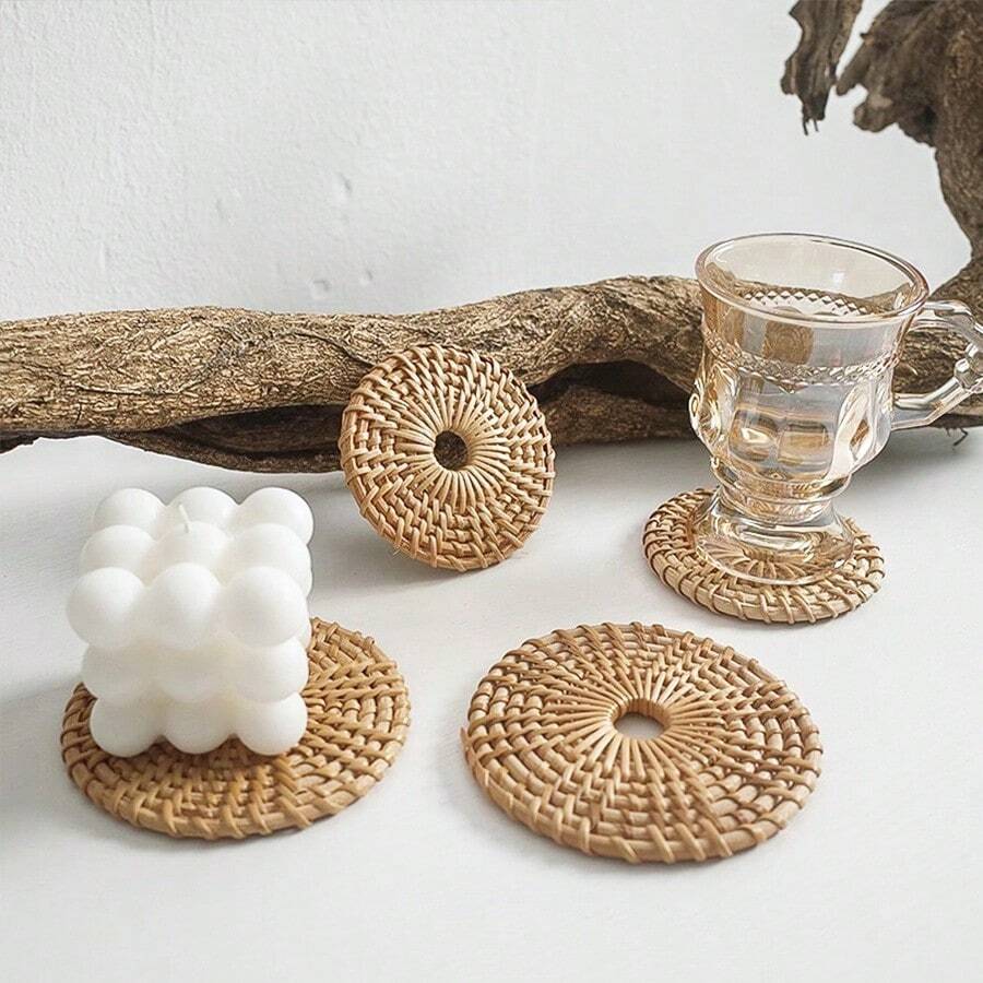 1入組手工編織藤杯子杯墊,木頭棕色手工桌子餐墊適用於家庭,餐廳,客廳,野餐和野營 - 摩卡棕 - 查看 1