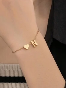 1pc時尚精美名字字母a-z首字母心形手鍊,適合女性情人節禮物 - 金黃色 - 查看 6