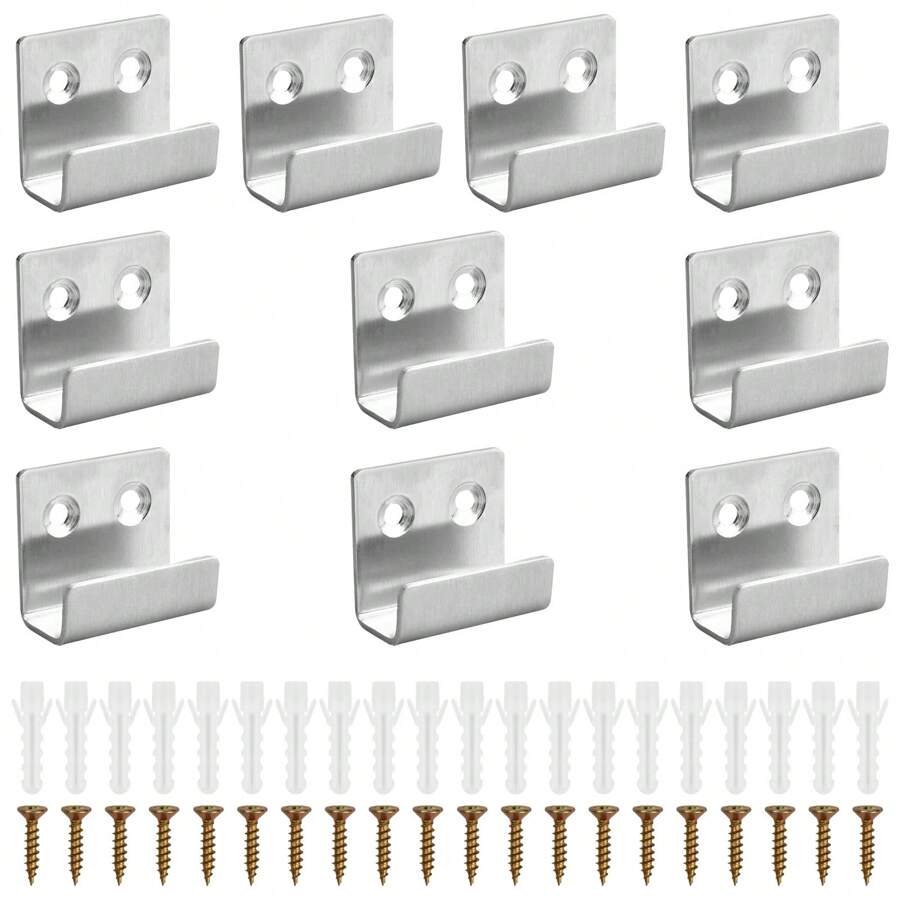 Pack Of 10 U Angle Brackets, Wall Mount Hooks, Heavy Duty, Ceramic Tiles, Wall Hooks, Flat J Hooks For Bathroom, Kitchen, Garage - Silver - View 1