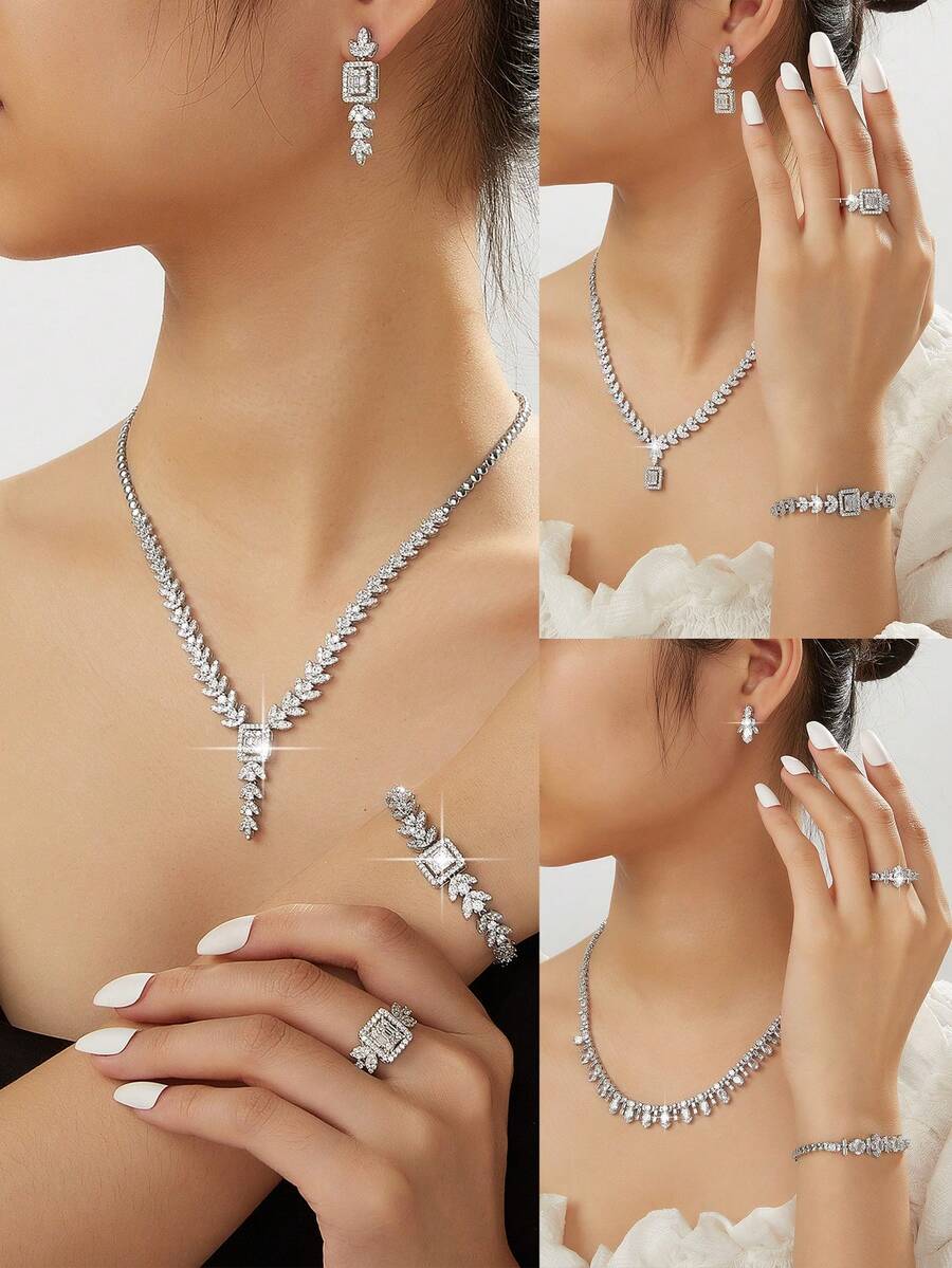 bedazzled 5入組奢華立方體裝飾珠寶套裝新娘用 - 白色 - 查看 1