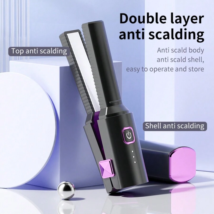 Professional Usb Rechargeable Straightening & Curling Iron, Hair Styling Tool With Quick Heating And Cordless Features Hair Straightening Comb Brush - Black - View 1