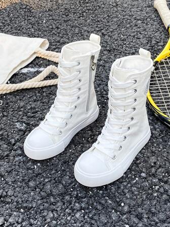 白色嬰兒帆布鞋，中高頂運動鞋，春秋季韓國風格簡約男女童鞋，帶鞋帶的時尚低頂運動鞋，經典高頂帆布鞋，多功能休閒運動滑板兒童鞋，跳舞鞋