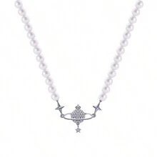Moonmory 一件 925 純銀水晶土星吊墜項鍊珍珠頸鍊時尚女士珠寶女孩禮物 45 厘米 - 土星珍珠項鍊 - 查看 9