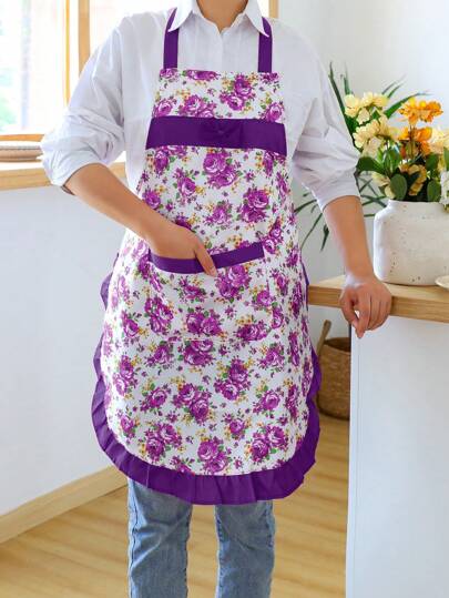 1 avental feminino com estampa floral, respirável e leve, com bolsos, adequado para cozinha, culinária e churrasco