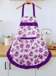 1 件花卉印花女士透气轻便围裙，带口袋，适合厨房、烹饪和烧烤 - 紫色 - 查看 2