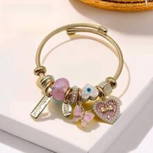 1 件女士手工串珠手链，采用不锈钢制成，带蝴蝶和心形细节 - 可调节，适合日常佩戴情人节