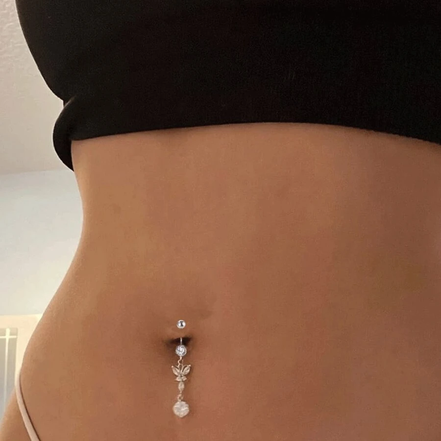 1Pc Butterfly Belly Ring Real Percing - Silver - View 1