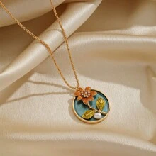 1 件精緻法式復古輕奢風格 18k 鍍金銅巴洛克珍珠和花朵吊墜項鍊,女士多功能配件 - 吊墜項鍊 - 查看 11