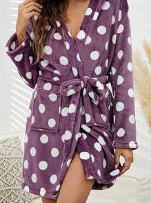 1件女士法蘭絨圓點印花中長款浴袍,適用於秋冬季節 - 紫色 - 查看 3