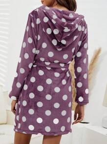 1件女士法蘭絨圓點印花中長款浴袍,適用於秋冬季節 - 紫色 - 查看 2