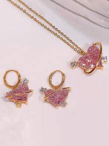 3入組流行的簡約粉色鑽石心形項鍊,耳環和耳釘套裝,適用於女性假日派對、約會、禮物、日常佩戴 - 金黃色5843202HB - 查看 6