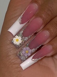 Sanrio 24入組超長方形白色法式實色閃粉紫多色3D花鑲鑽裝飾優雅全覆蓋式假指甲套裝，適用於新年舞會，瞬間提升你的形象 - 彩色 - 查看 1