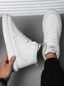 Men's Color Block Leather Upper Skateboarding Shoes, High-Top Design, Lightweight, Waterproof, Slip-Resistant, Suitable For Daily Wear, Outdoor Activities, Hiking