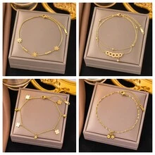 1 件镀金不锈钢链环，五瓣花设计，简约而复古的个性化礼物，适合节日派对，男女情侣脚链 - 金色 - 查看 1