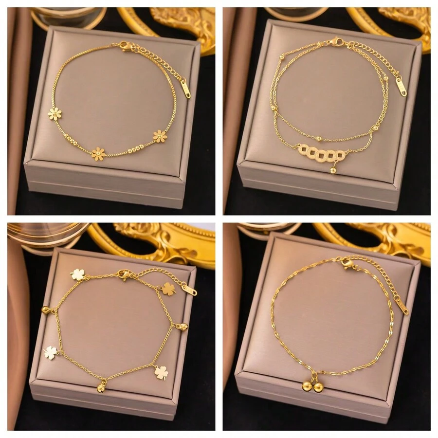 1 件镀金不锈钢链环，五瓣花设计，简约而复古的个性化礼物，适合节日派对，男女情侣脚链 - 金色 - 查看 1