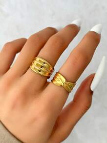 不銹鋼開口幾何和條紋設計可調節戒指女款,情侶戒指,時尚派對禮物 - 金色 - 查看 1