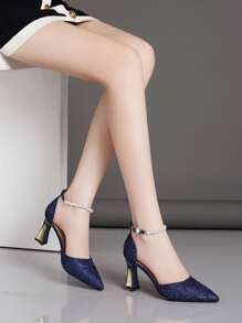 Women's Hollow Chunky Heels Shoes With Pointed Toe And Ankle Strap Buckle
