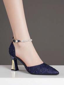 Women's Hollow Chunky Heels Shoes With Pointed Toe And Ankle Strap Buckle