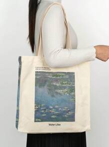 Claude Monet Water Lilies Oil Painting Art Canvas Tote Bag For Women Girl Reusable  Tote Bag Foldable Large Capacity Leisure Shopping Bag