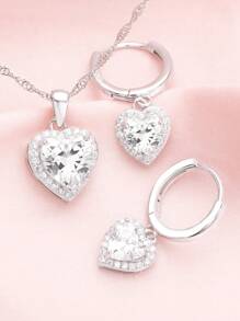 1Set Elegant Halo Heart White Cubic Zirconia Solid 925 Sterling Silver Necklace HoopEarrings Jewelry Set Wedding Engagement Bridal Jewelry - 1Set Earrings Necklace - View 6