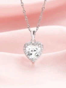 1Set Elegant Halo Heart White Cubic Zirconia Solid 925 Sterling Silver Necklace HoopEarrings Jewelry Set Wedding Engagement Bridal Jewelry - 1Set Earrings Necklace - View 5