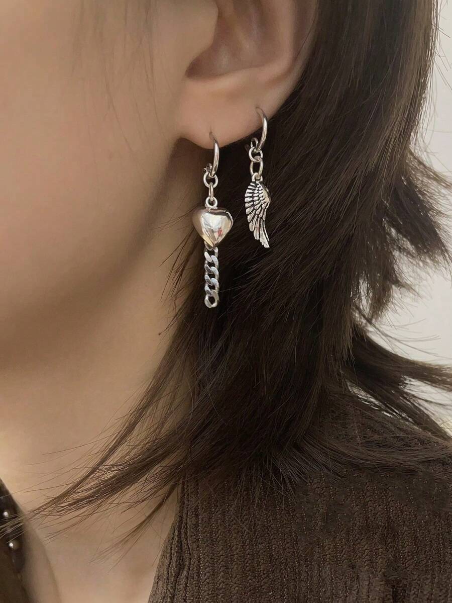 1對時尚復古的非對稱ab心型翅膀垂墜耳環,s925純銀,獨特手工設計,適用於女性日常珠寶收藏,時尚多變