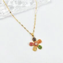 金色不锈钢链，镀金方晶锆石，彩色花朵和叶子，小女孩吊坠项链，简约，时尚，百搭，适合女性的个性化礼物，适合日常通勤，节日派对穿着 - 金黃色 - 查看 8