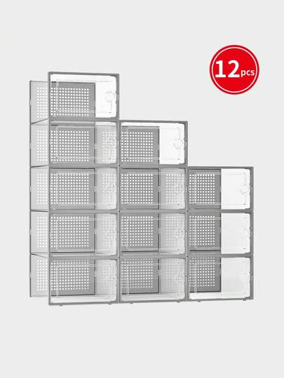 12pcs White Shoe Box Set, Transparent Double-Frame PP Plastic Thickened And Heightened White/Grey Stackable Dormitory Storage Foldable Shoe Box With Flip Transparent Cover, Suitable For Men's And Women's Shoes, Dustproof And Waterproof