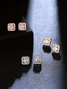 1對女士簡約小巧的方形立方氧化鋯耳釘 - 彩色 - 查看 1