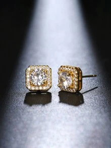 1對女士簡約小巧的方形立方氧化鋯耳釘 - 彩色 - 查看 4