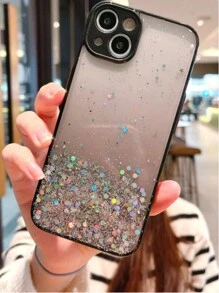 1pc Starry Sky Glittering Camera Lens Protection Phone Case Compatible With Iphone & Android, Shockproof Full Coverage Mobile Shell - Black - View 1