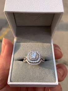 AIHUASI Luxury 2pcs/Set Certified 925 Sterling Silver With Rhodium Plated Hypoallergenic Wedding Rings Set For Women Center Stone 6*6mm 0.8 Carat Round Cut Dazzling AAAAA Cubic Zirconia Fantasy Bridal Jewelry Gift - Silver - View 2