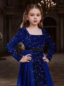 ALISA&LEO Tween Girl's Sparkly Mermaid Dress With Mesh Waist Insert - Royal Blue - View 6