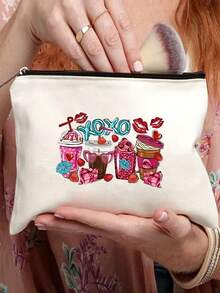 紅唇款式,手提化妝包拉鍊化妝包大型旅行帆布化妝工具收納袋,適用於女士和女孩 - 米色 - 查看 3