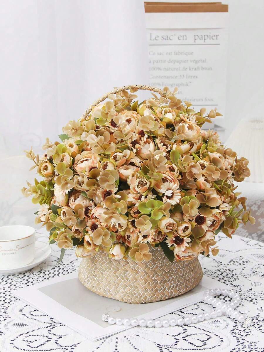 1入/束秋季優美的玫瑰款式人造花,共15朵花,歐式風格,適用於戶外花園、婚禮、草坪diy裝飾 - 香檳色 - 查看 1