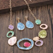 1套2入組復古彩色搪瓷幾何橢圓形中空鋅合金珠寶套裝,包括項鍊和耳環,適合女性,適用於復古派對 - 幾何 - 查看 19