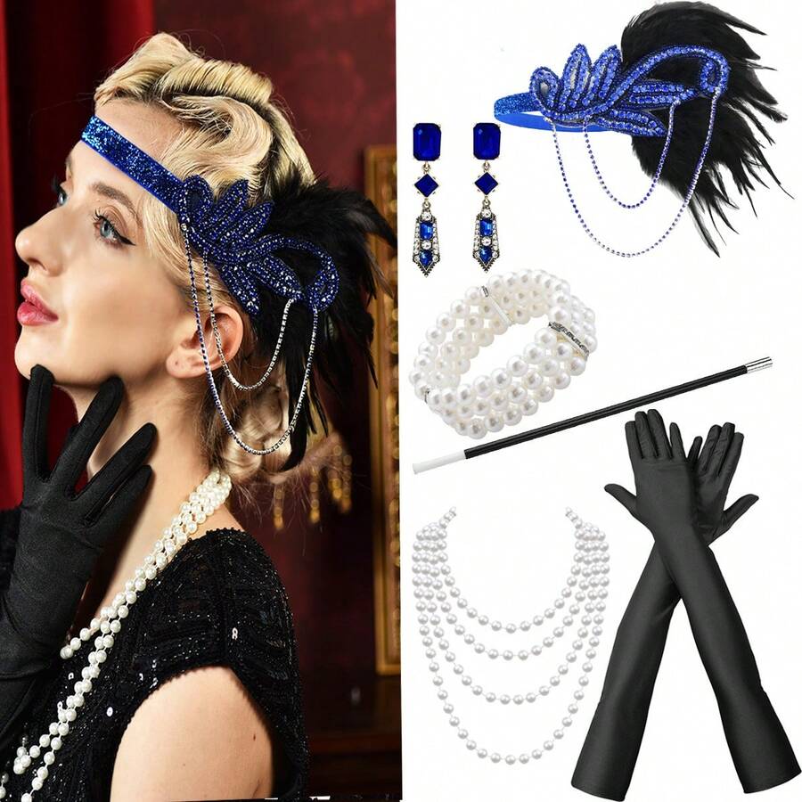 8入套女性20年代復古配飾套裝,包括流蘇、羽毛、鑽石頭帶、長珍珠項鍊、多層珍珠手鍊、掛耳耳環、香煙經、手套,適合派對和節日裝扮