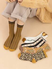 5pairs Women Flower Pattern Vintage Crew Socks For Daily Life - Multicolor - View 5