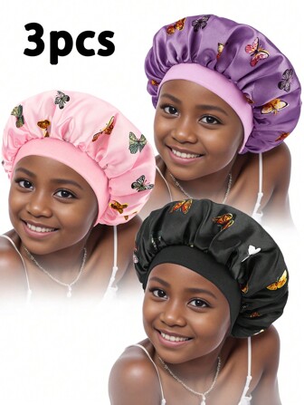 Awegeo 3pcs Kids' Wide Brim Butterfly Printed Bonnets With Elastic Band, Stylish Headwear For Daily Use And Sleep