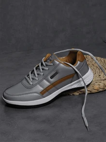 2024 新款青年跑鞋，混合皮革鞋面，时尚纯色，平底简约滑板风格，适合上学、户外、休闲、通勤、散步、网球运动鞋，适合男士 - 灰色 - 查看 6