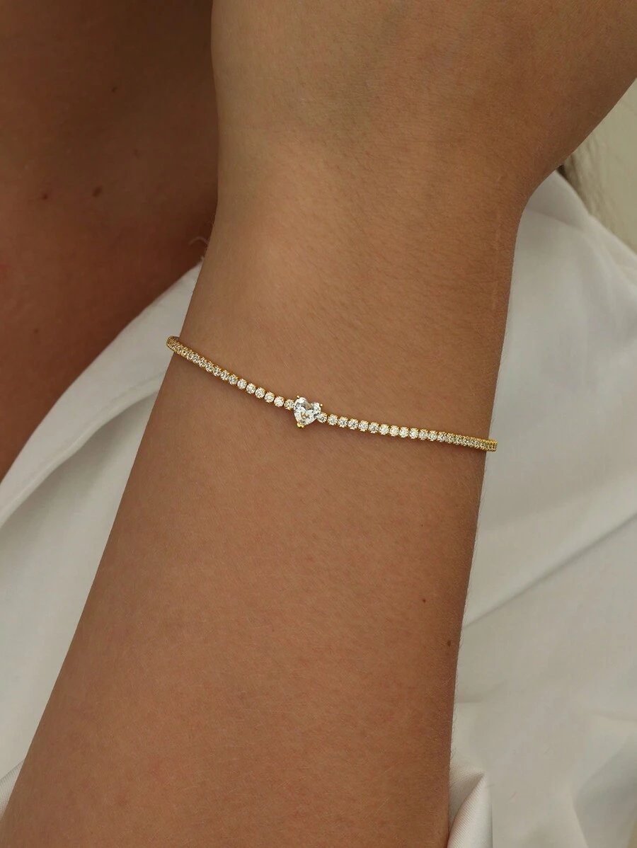 1入簡約優雅925純銀鑲鋯石心型手鍊,適合日常佩戴、度假、約會夜晚和送禮