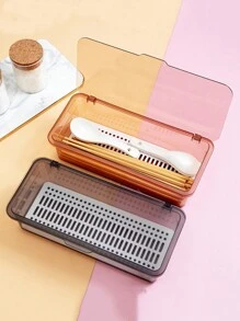 Cutlery Storage Tray Holder Tableware Organizer Spoon Fork Storage Box Plastic Container Cutlery Rack With Lid And Drainer Makeup Brush Storages Box - Grey - View 3
