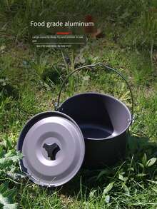 1只戶外露營鍋具套裝,鋁合金製可攜式燒烤鍋具,附掛鍋和坐鍋,適用於5-8人露營或野餐 - 灰色 - 查看 6