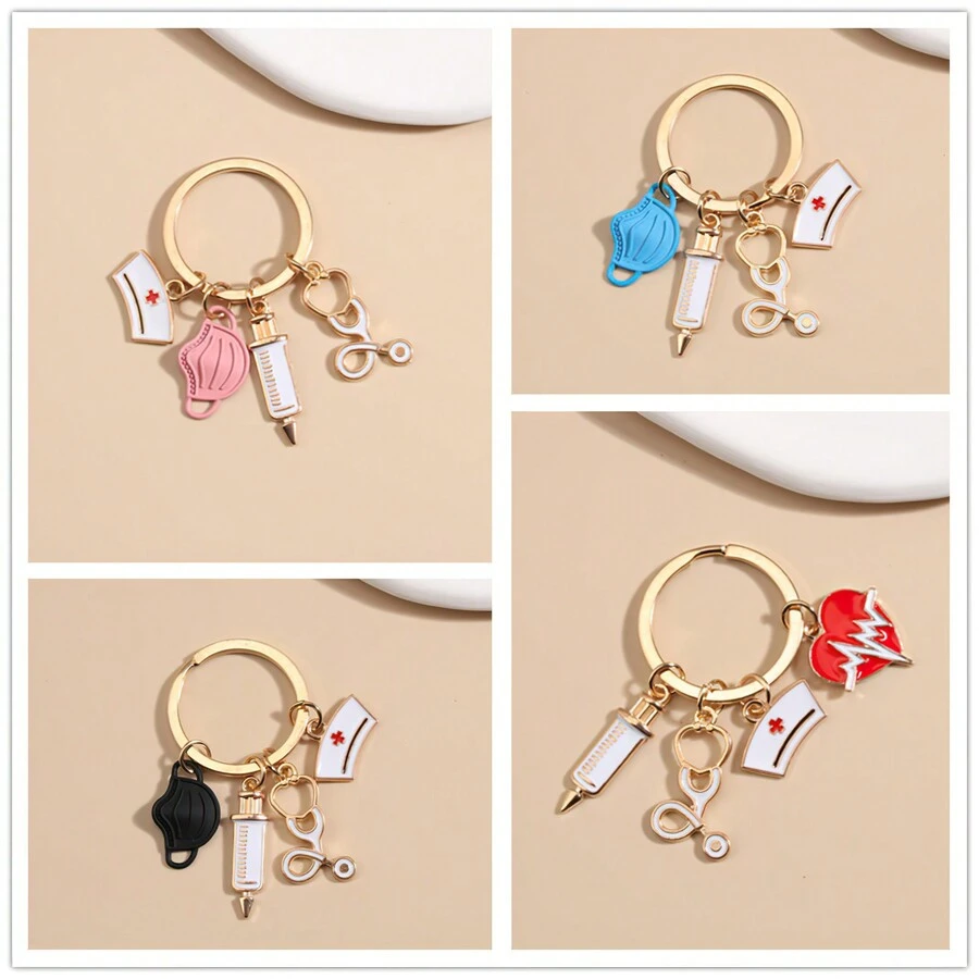 1個護士/醫生口罩造型鑰匙扣,醫療個人鑰匙扣,注射器聽診器造型鑰匙扣,用於袋子/錢包/背包吊飾 - 白色 - 查看 1