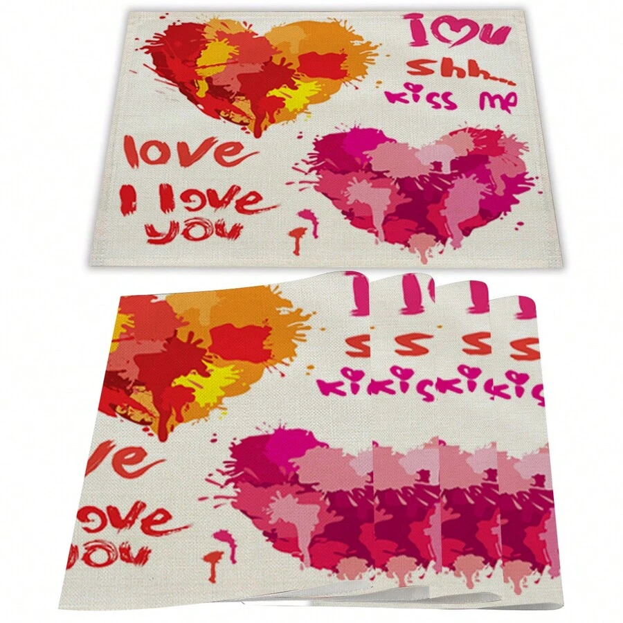 4入組情人節餐墊套裝包括2塊心型印花墊子,防熱廚房桌墊用於派對婚禮晚宴裝飾、餐桌配件、廚房用品、家居裝飾、禮品 - 紅色 - 查看 1