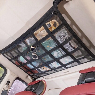 1 Pc Black Car Ceiling Cargo Net Pocket,Strengthen Load-Bearing And Droop Less Double-Layer Mesh Car Roof Storage Organizer