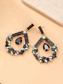 1pair Bohemian Style Zinc Alloy & Full Diamond Drop Earrings - Black - View 1