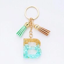 1入組新款女士樹脂流蘇鑰匙扣,設有英文字母設計,歐美流行款式,裝飾有碎石、金箔和流蘇,作為時尚包飾使用 - 彩色 - 查看 5
