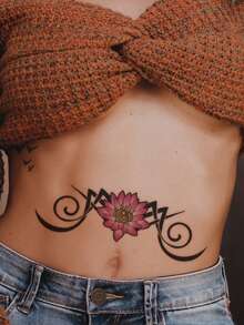 1pc Abstract Lotus Pattern Temporary Tattoo Sticker For Waist, Abdomen, Bikini Line Body Art - Multicolor - View 5