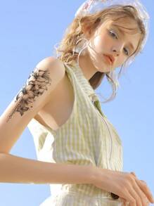 1 件黑色高端时尚半袖百合花朵图案临时纹身贴纸，适用于背部，防水且无光泽 - 黑色 - 查看 2